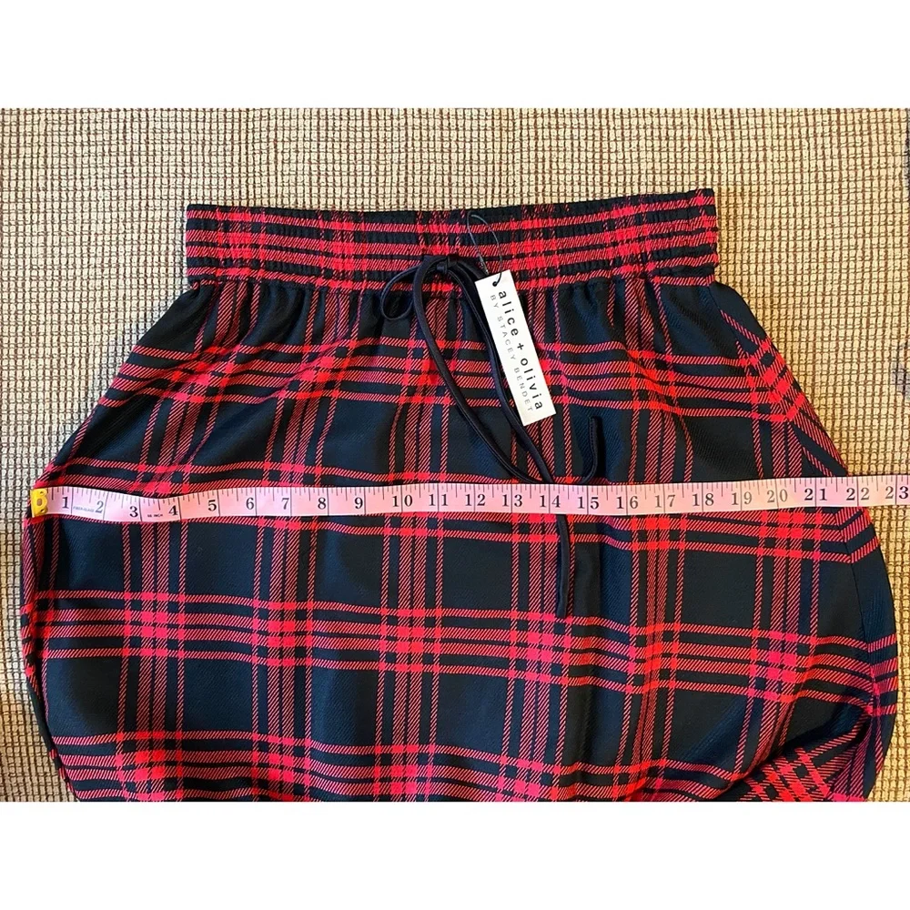 Alice + Olivia Natalina Plaid High-Low Asymmetrical Red Black Midi Skirt